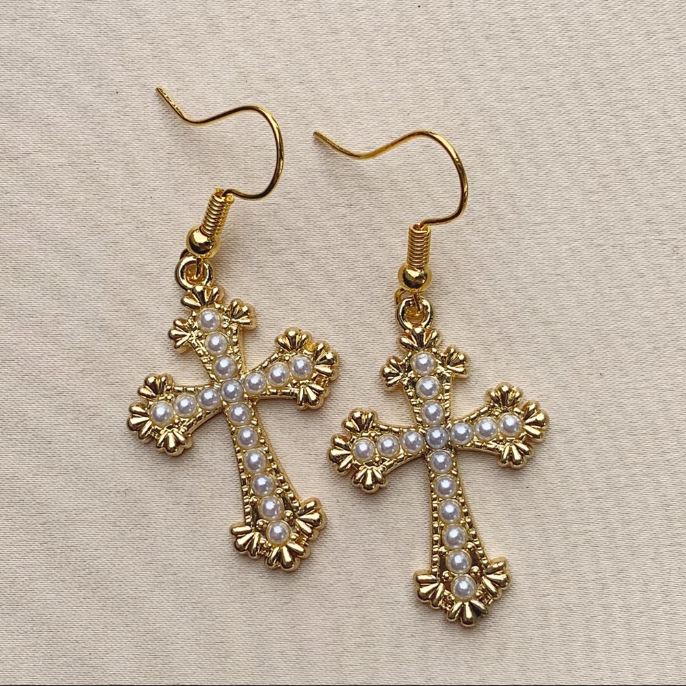 Gold Pearl Cross Earrings